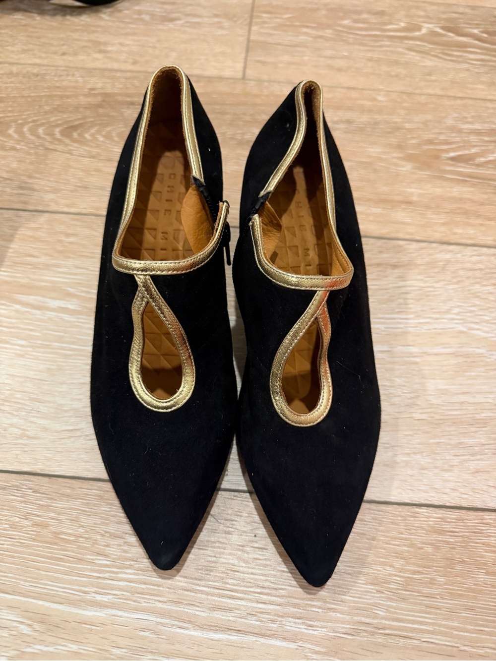 Chie Mihara Black Suede Pointed Mary Jane Flats with Gold Trim
